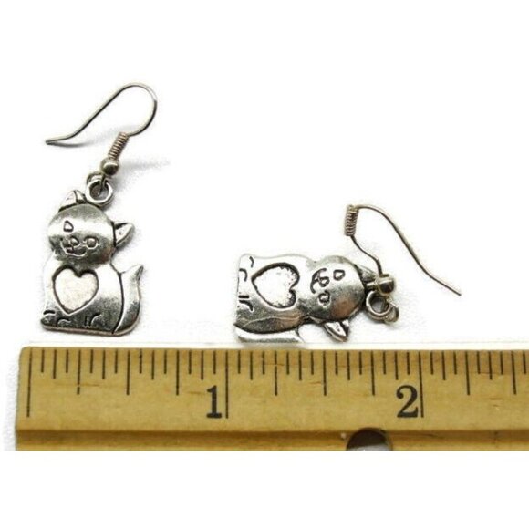 Cat Kitten Heart Love Silver Tone Vertical Drop Dangle Hook Earrings Womans - Picture 3 of 6